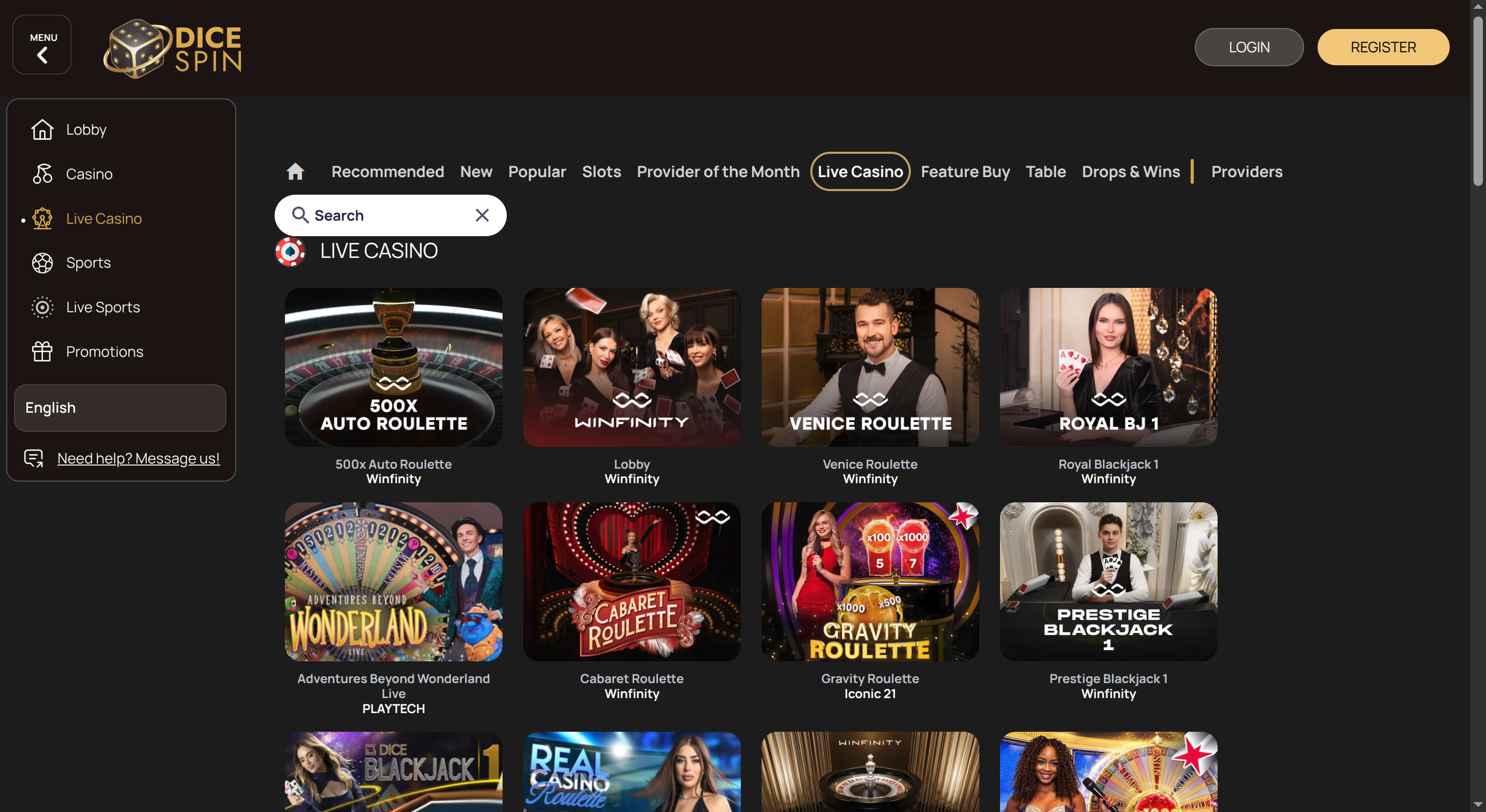 Live casino en tafelspellen