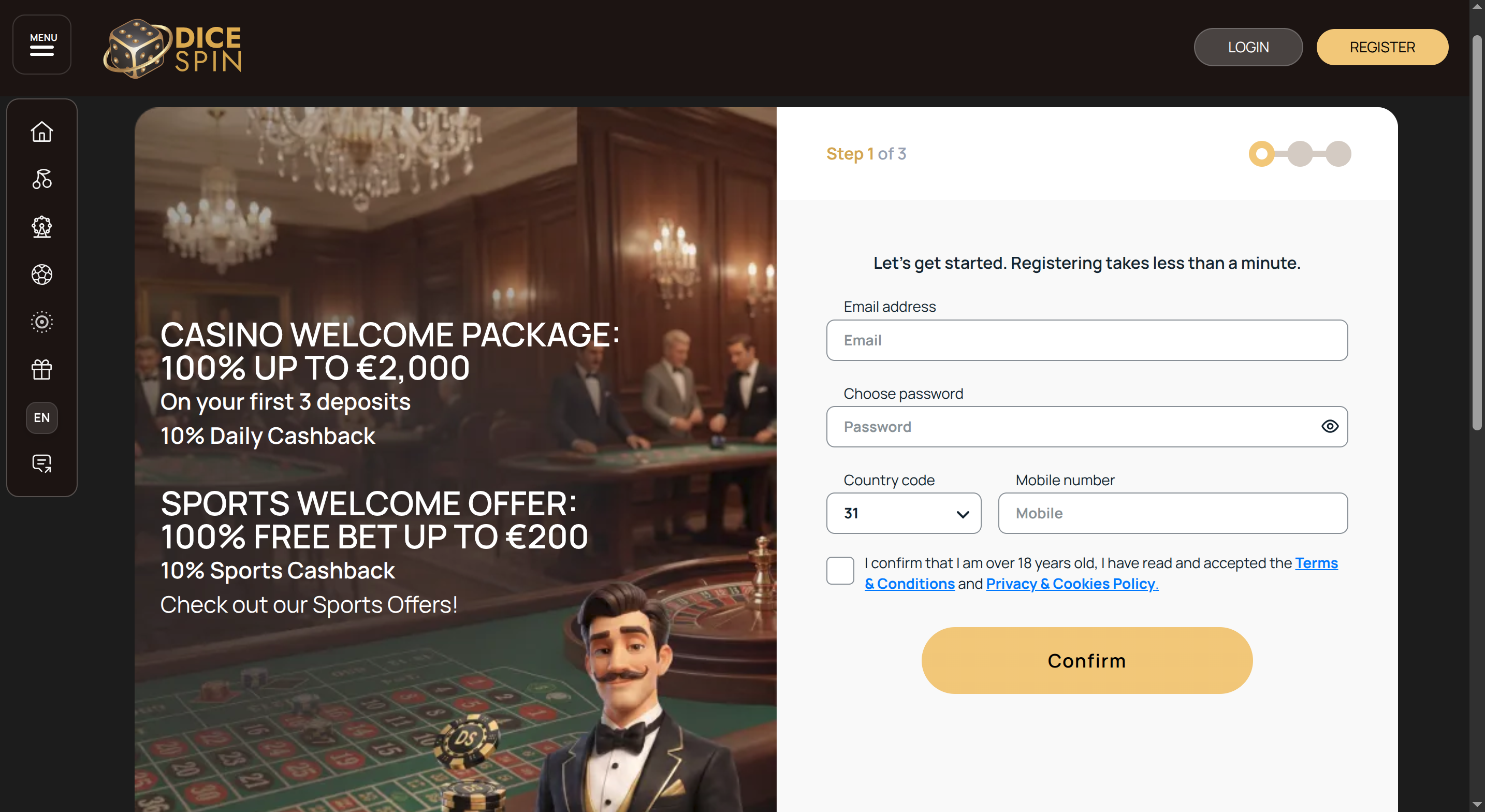 Aanmelden bij Dice Spin Casino